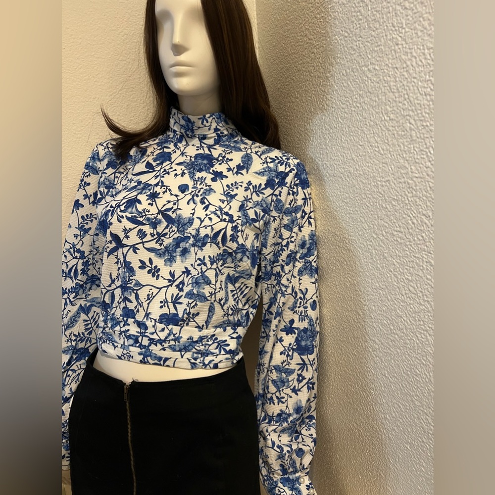 Elegant top blue and white design with open back